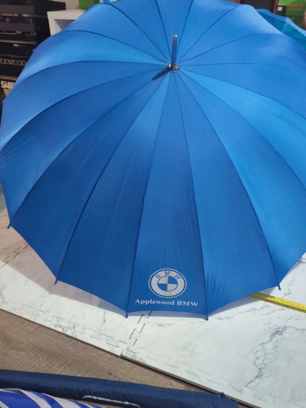 VINTAGE Blue Umbrella Wooden Handle BMW Germany Cars 70s RARE Applewood